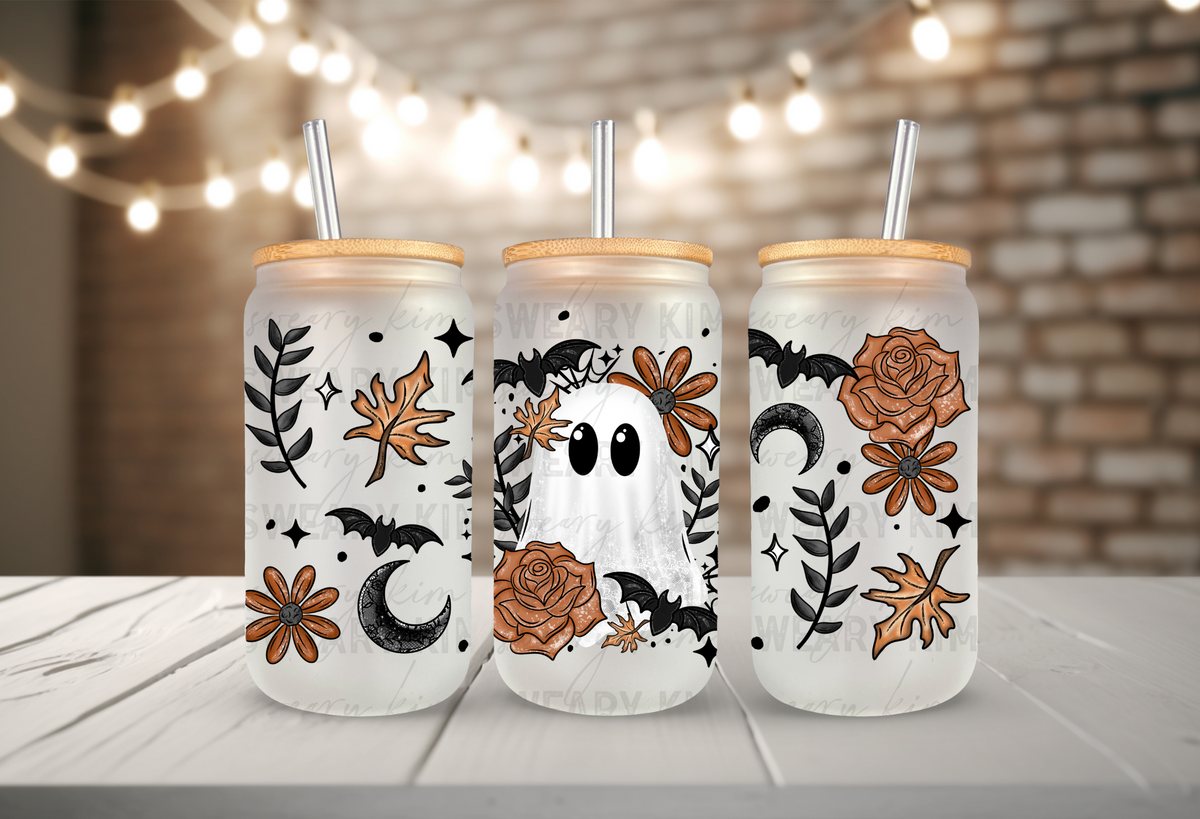 Fall Ghost UV Dtf 16oz glass can wrap