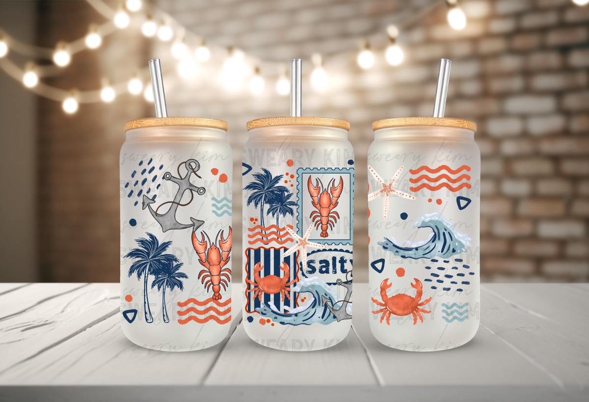 Salty Lobsters UV Dtf 16oz glass can wrap