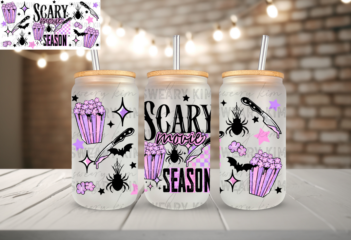 Scary Movie Season UV Dtf 16oz glass can wrap