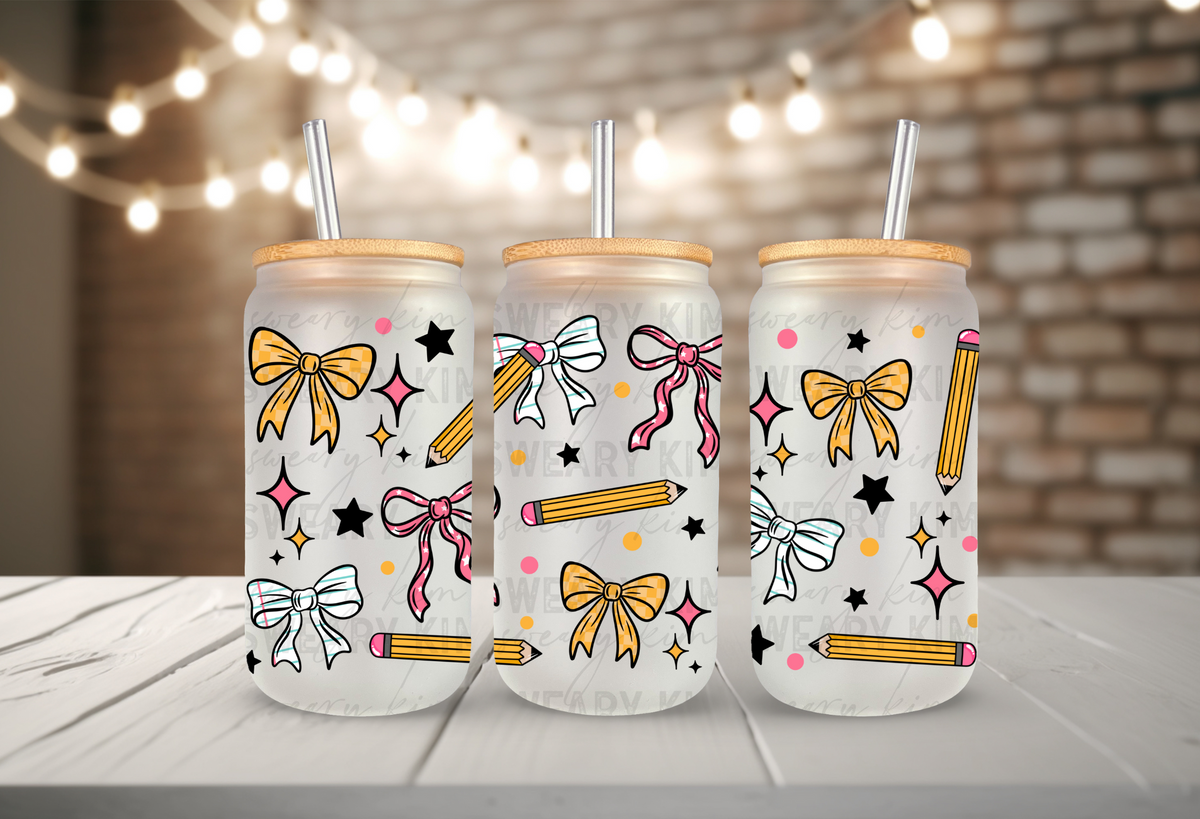 Pencils & Bows Teacher UV Dtf 16oz glass can wrap