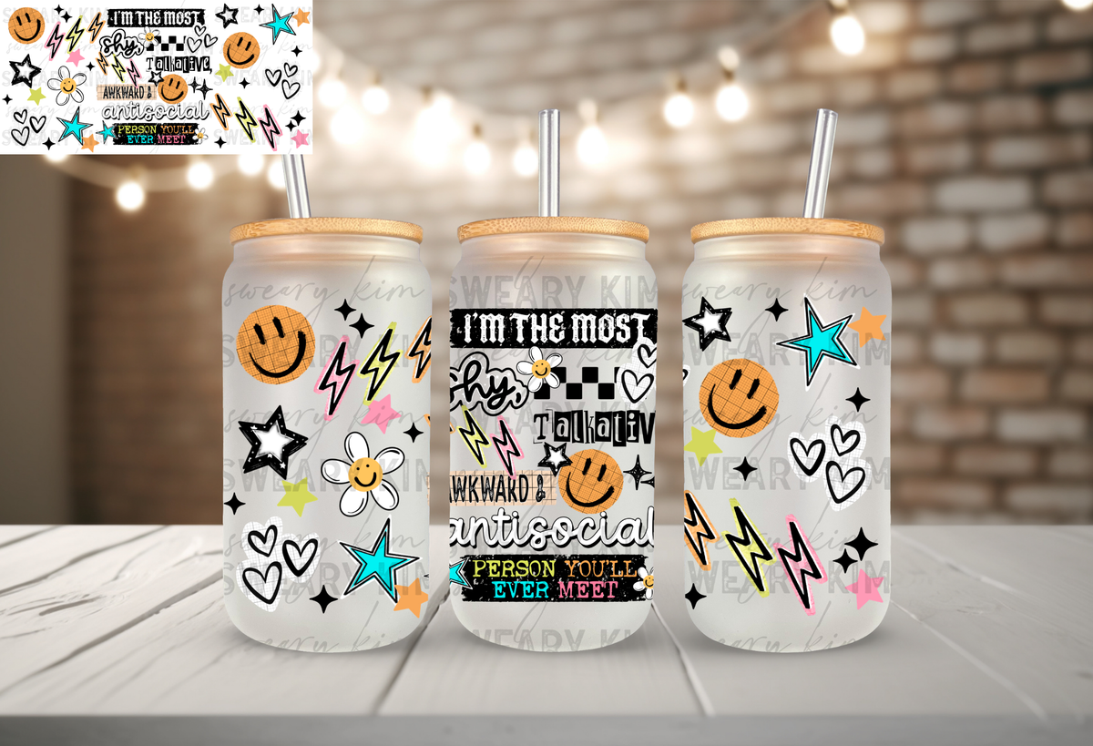 Shy Talkative Awkward UV Dtf 16oz glass can wrap