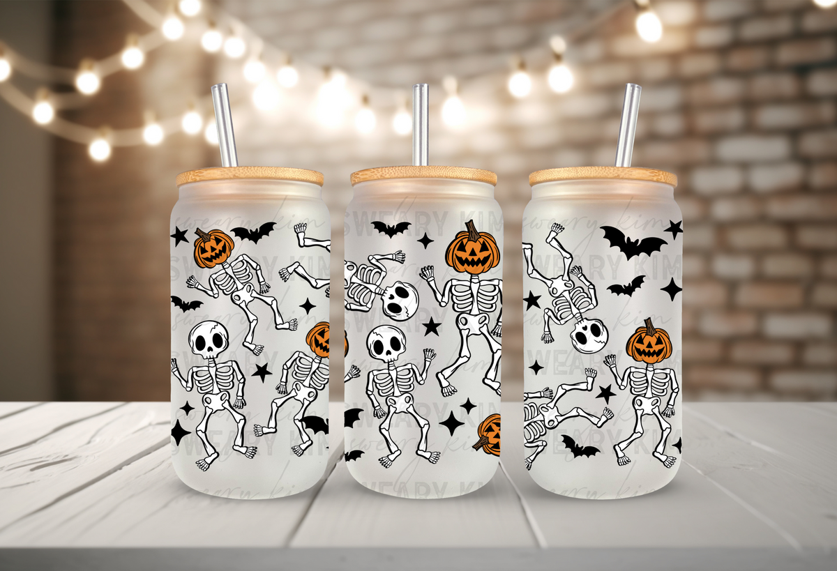 Skeleton Pumpkin Heads UV Dtf 16oz glass can wrap