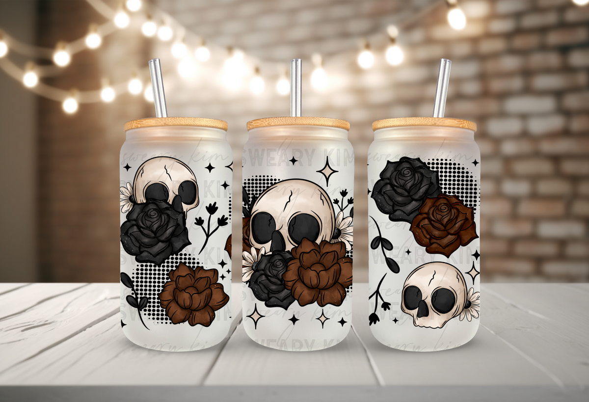 Dark Skull Florals UV Dtf 16oz glass can wrap