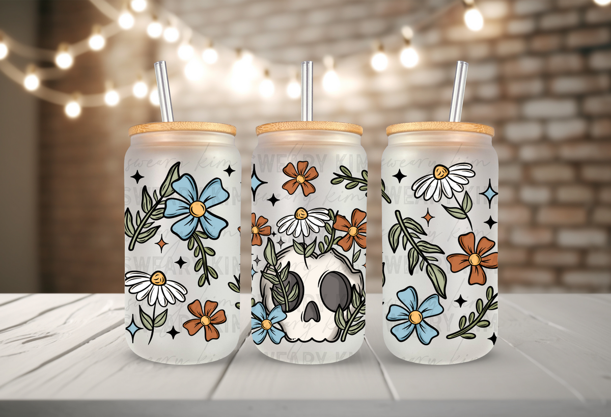 Floral Growing Skull UV Dtf 16oz glass can wrap