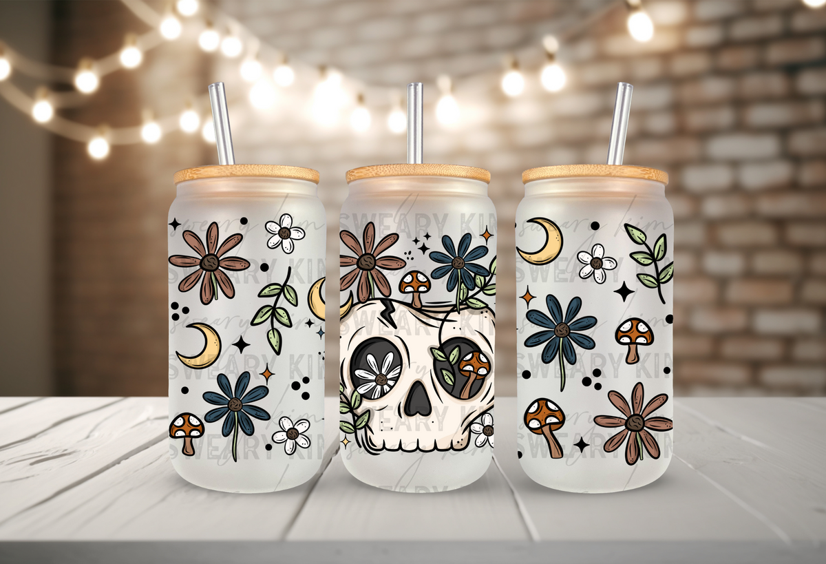 Celestial Mushie Floral Skull UV Dtf 16oz glass can wrap