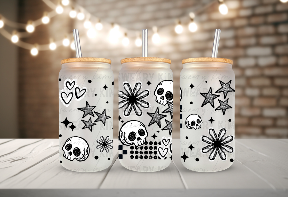 Skull Heart & Flower Sketches UV Dtf 16oz glass can wrap