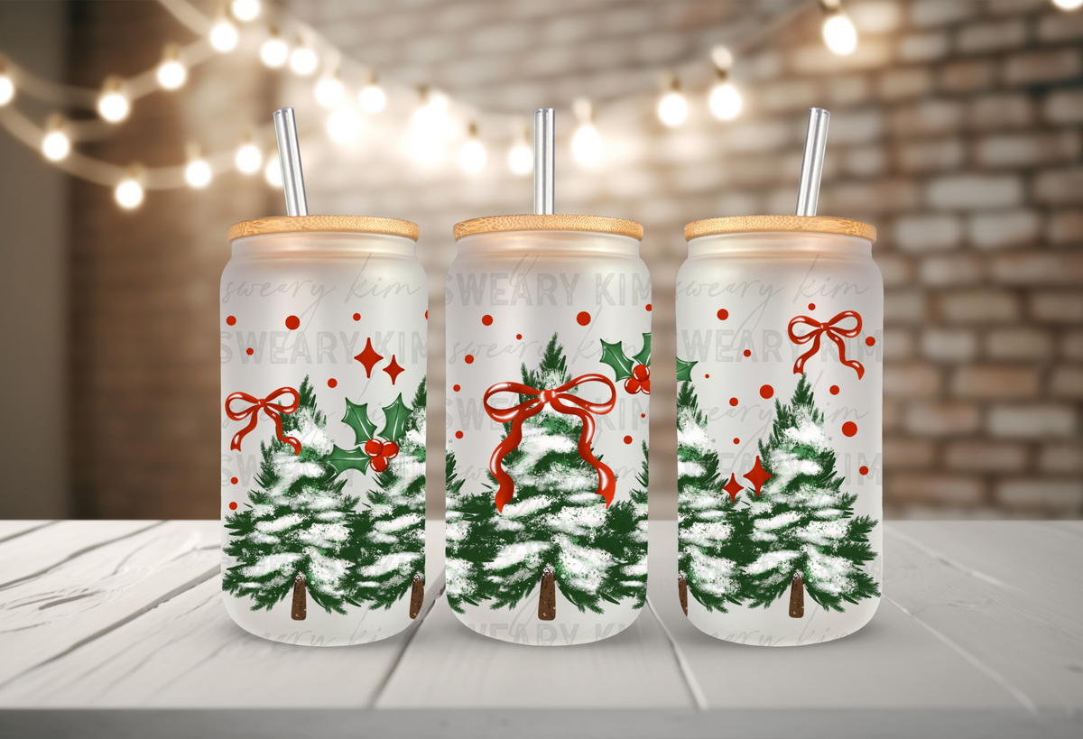 Snowy Bow Trees UV Dtf 16oz glass can wrap