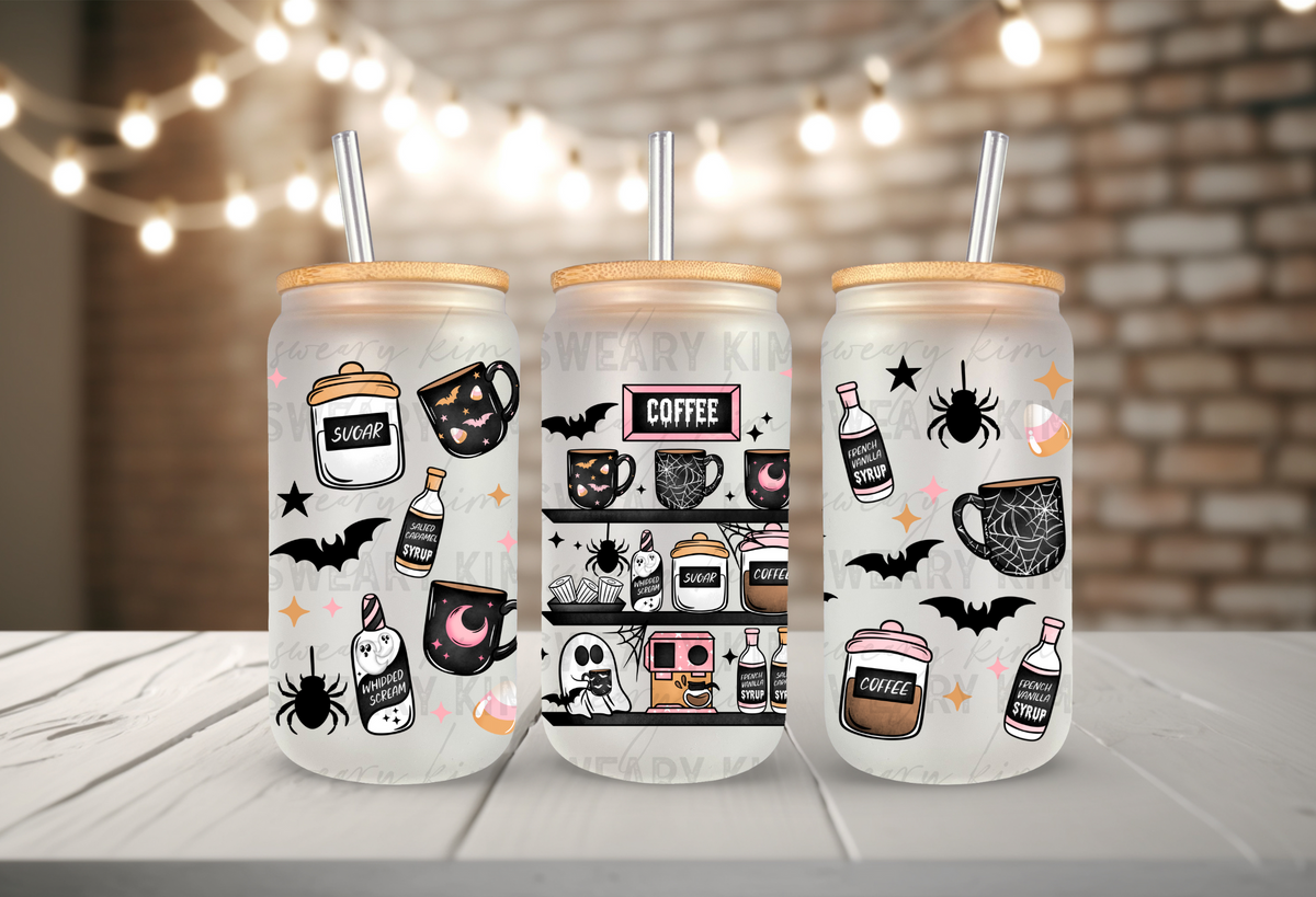 Spooky Coffee Shelves UV Dtf 16oz glass can wrap