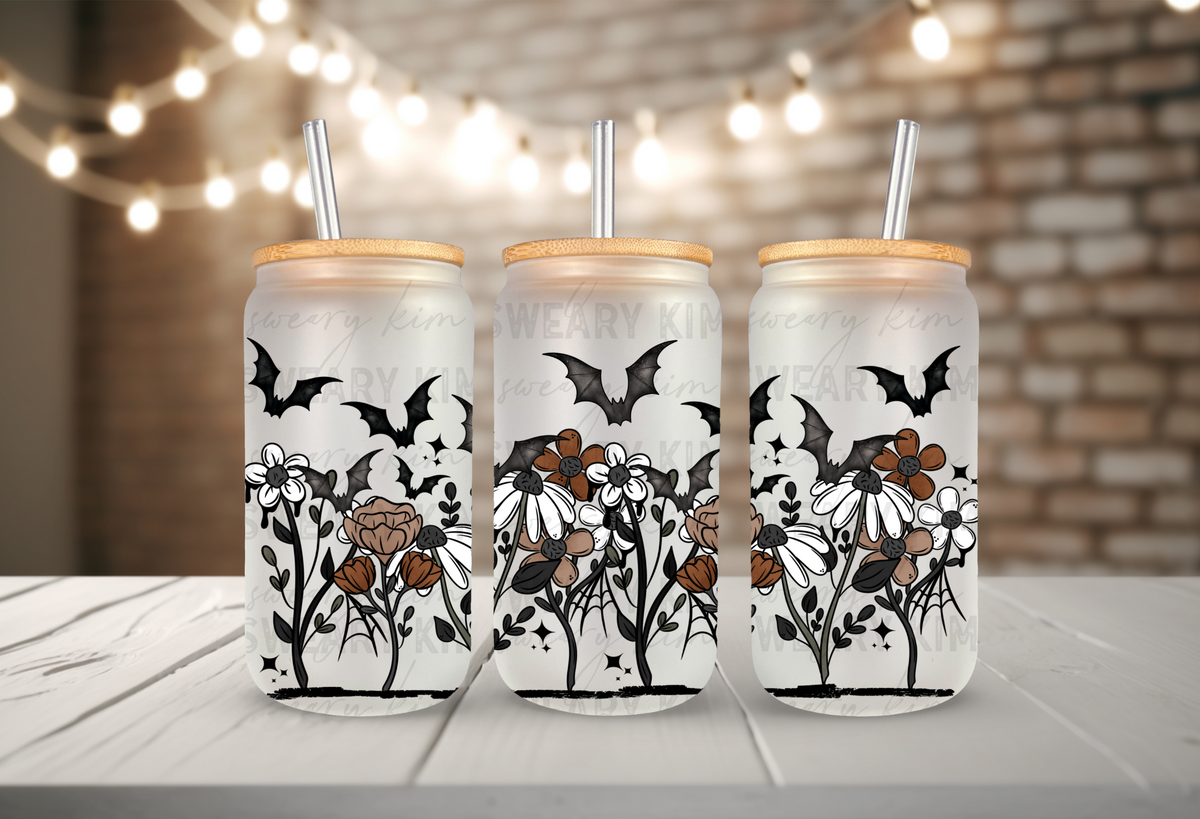 Batty Floral Border UV Dtf 16oz glass can wrap