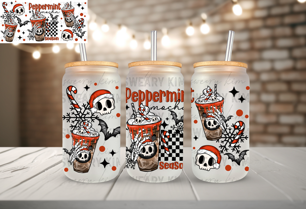 Peppermint Mocha Season UV Dtf 16oz glass can wrap