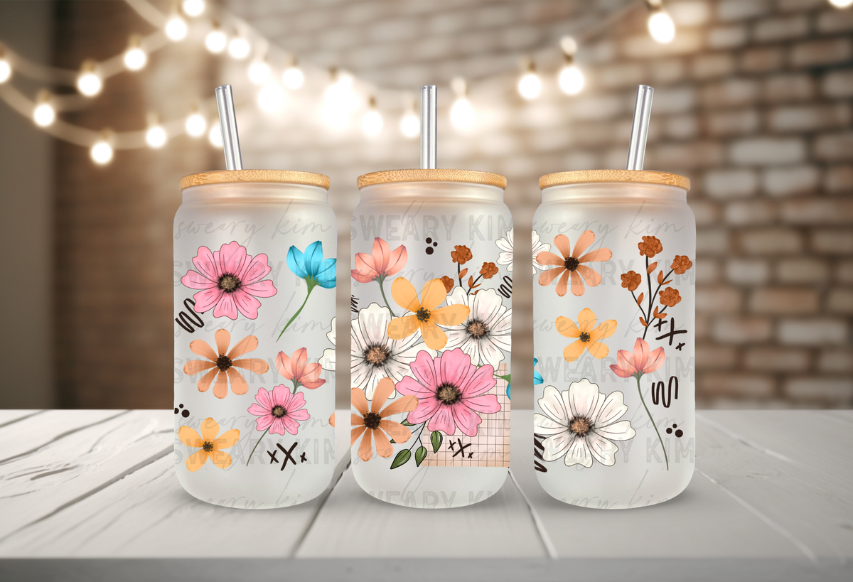 Colorful Flower Sketches UV Dtf 16oz glass can wrap