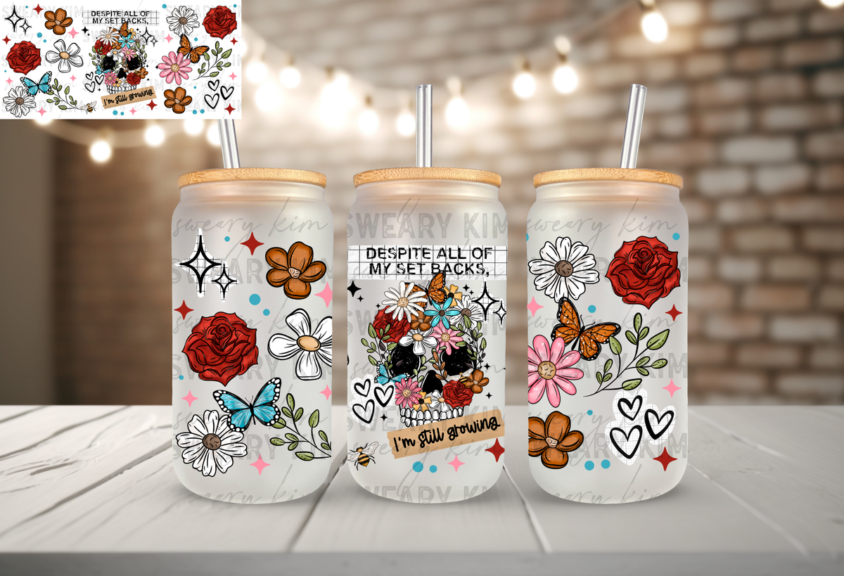 Still Growing Floral Skull UV Dtf 16oz glass can wrap