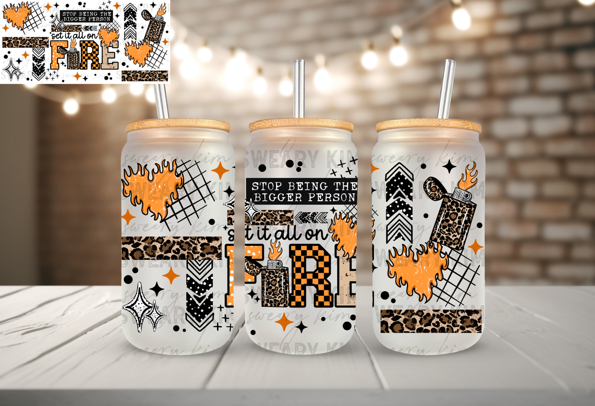Set It All On Fire Retro Leopard UV Dtf 16oz glass can wrap