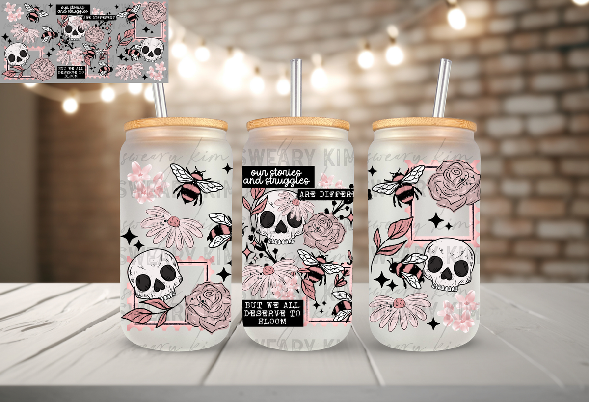 Deserve To Bloom Pink Bees UV Dtf 16oz glass can wrap