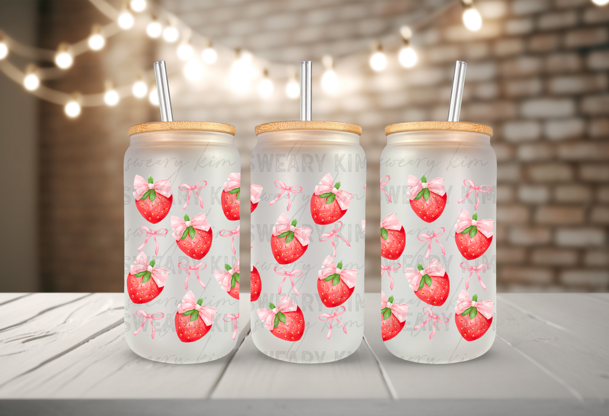 Strawberries & Pink Bows UV Dtf 16oz glass can wrap