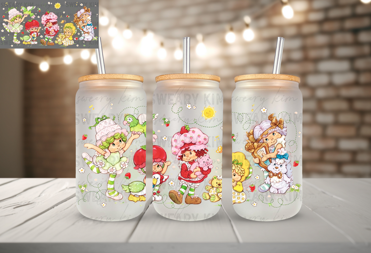Strawberry Cakes & Friends UV Dtf 16oz glass can wrap