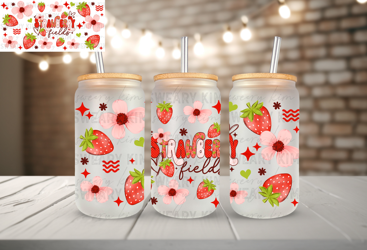 Strawberry Fields UV Dtf 16oz glass can wrap