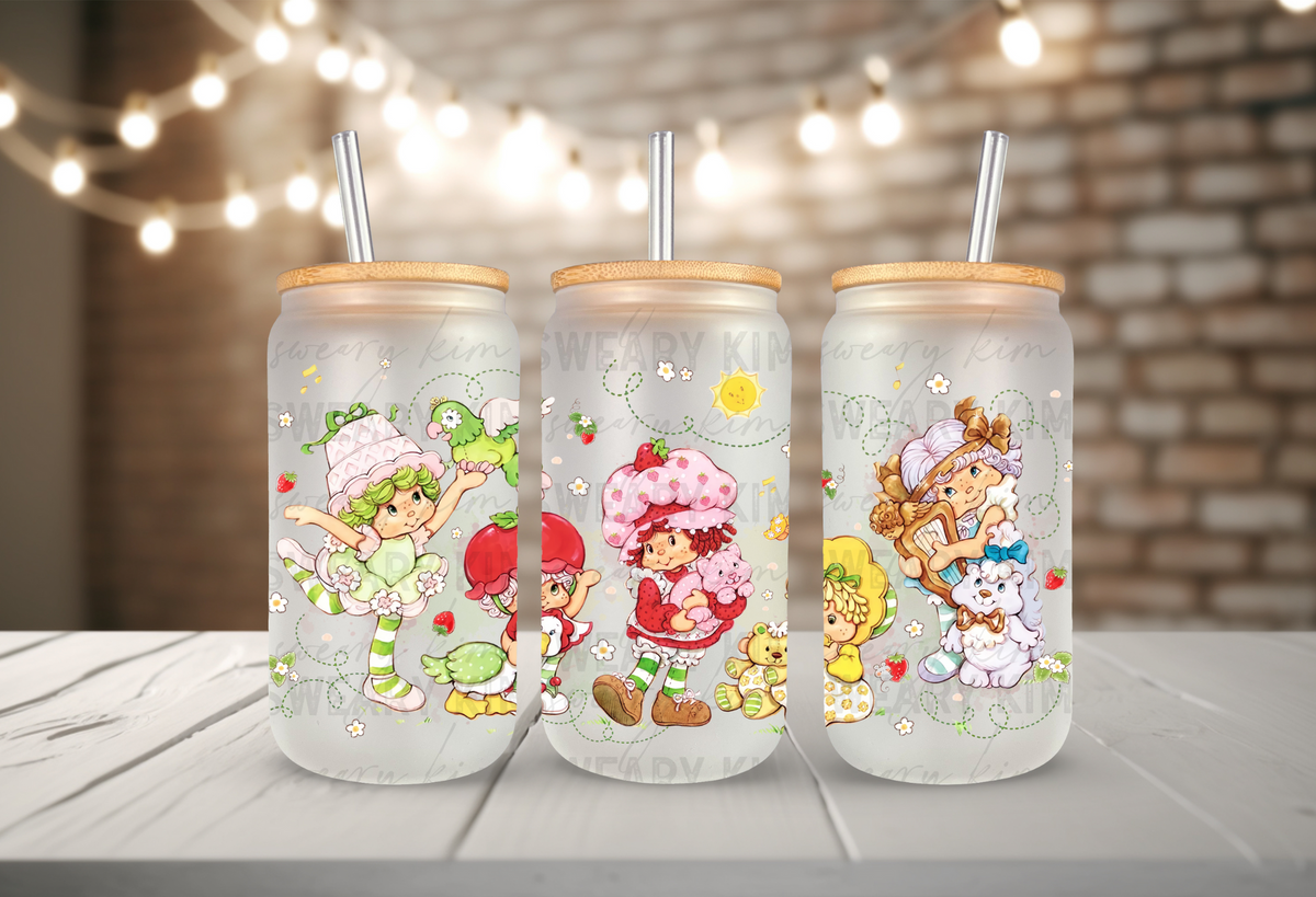 Strawberry Cakes & Friends UV Dtf 16oz glass can wrap