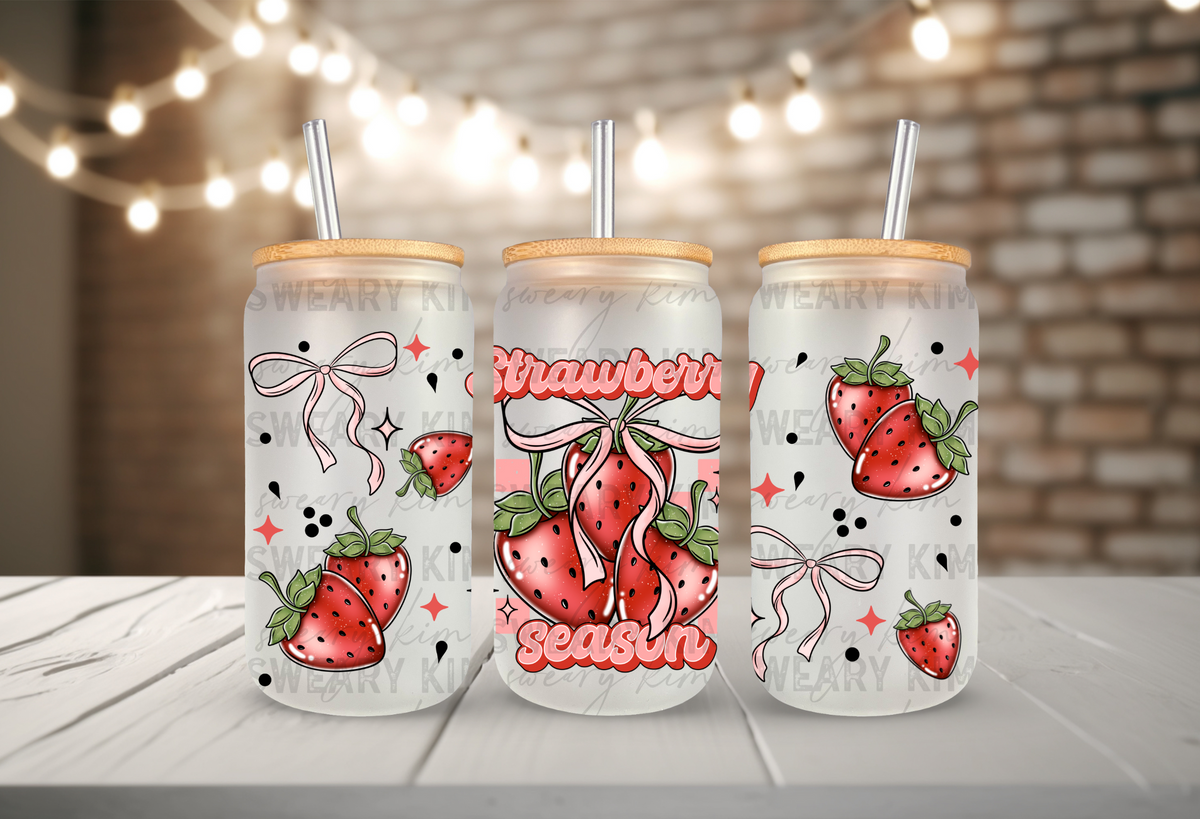 Strawberry Season & Bows UV Dtf 16oz glass can wrap