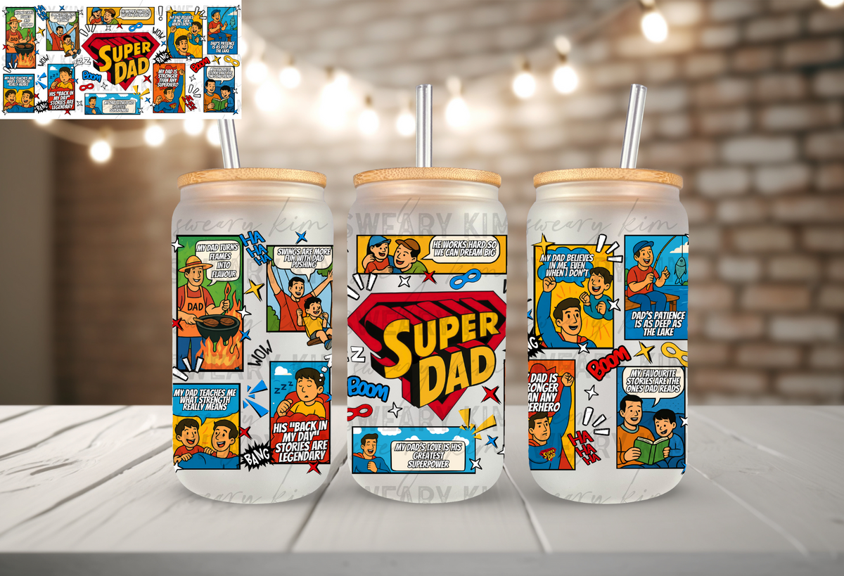 Super Dad Comic Reel UV Dtf 16oz glass can wrap
