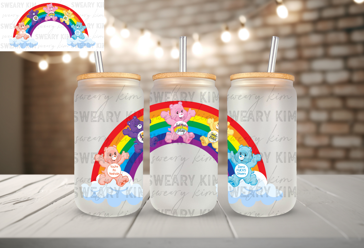 Rainbow Sweary Bears UV Dtf 16oz glass can wrap