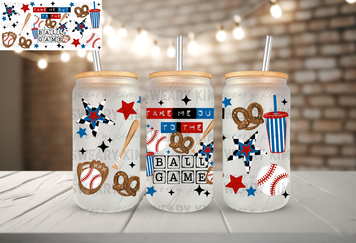 Take Me Out To The Ball Game UV Dtf 16oz glass can wrap