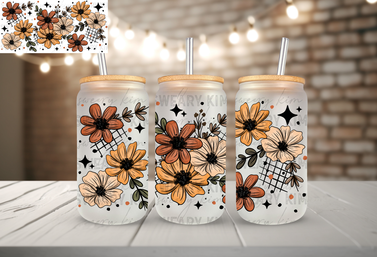 Brown & Tan Flower Sketches UV Dtf 16oz glass can wrap