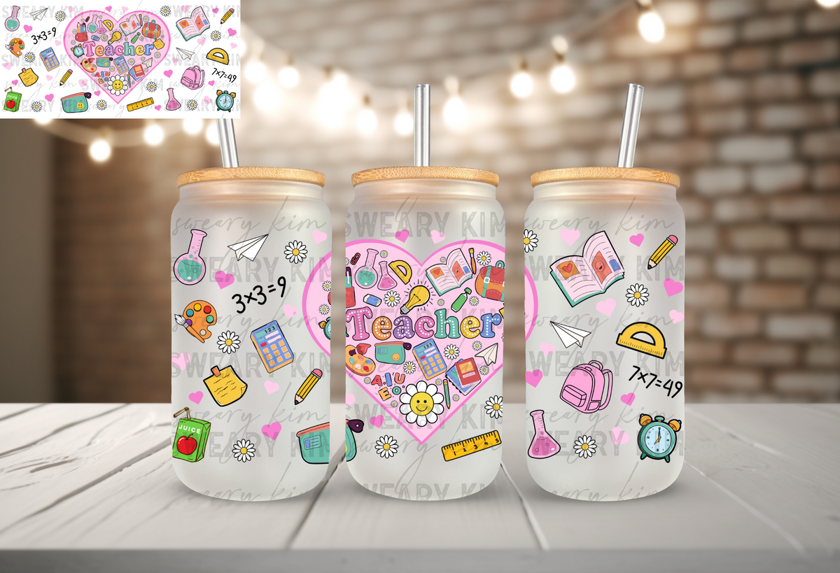 Teacher Heart School Supplies UV Dtf 16oz glass can wrap