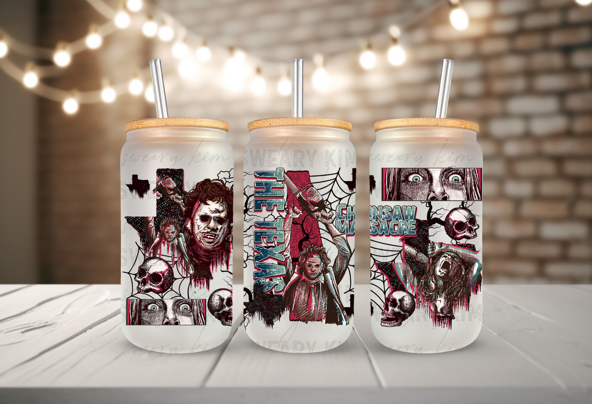 Digitized Chainsaw UV Dtf 16oz glass can wrap