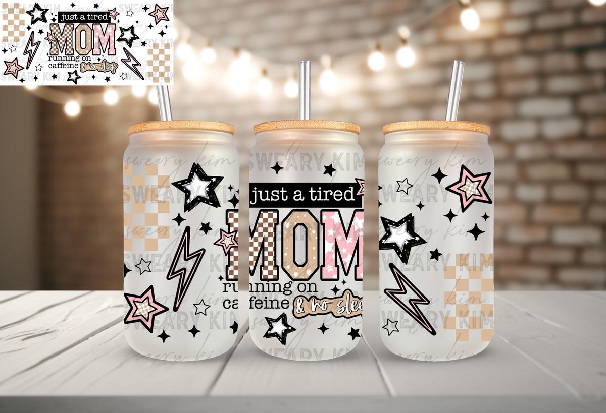 Retro Tired Mom UV Dtf 16oz glass can wrap