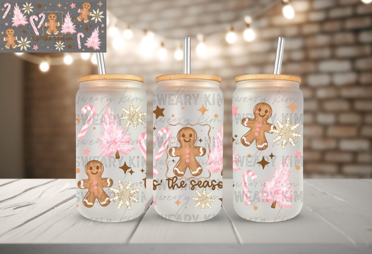 Tis The Season Pink Trees UV Dtf 16oz glass can wrap