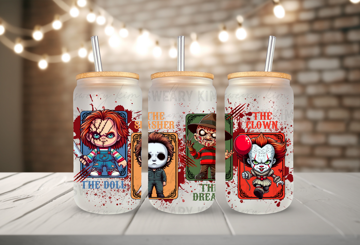 Horror Kiddie Cards UV Dtf 16oz glass can wrap