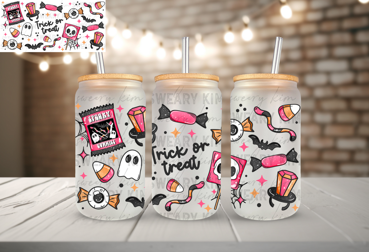 Trick or Treat Candies UV Dtf 16oz glass can wrap