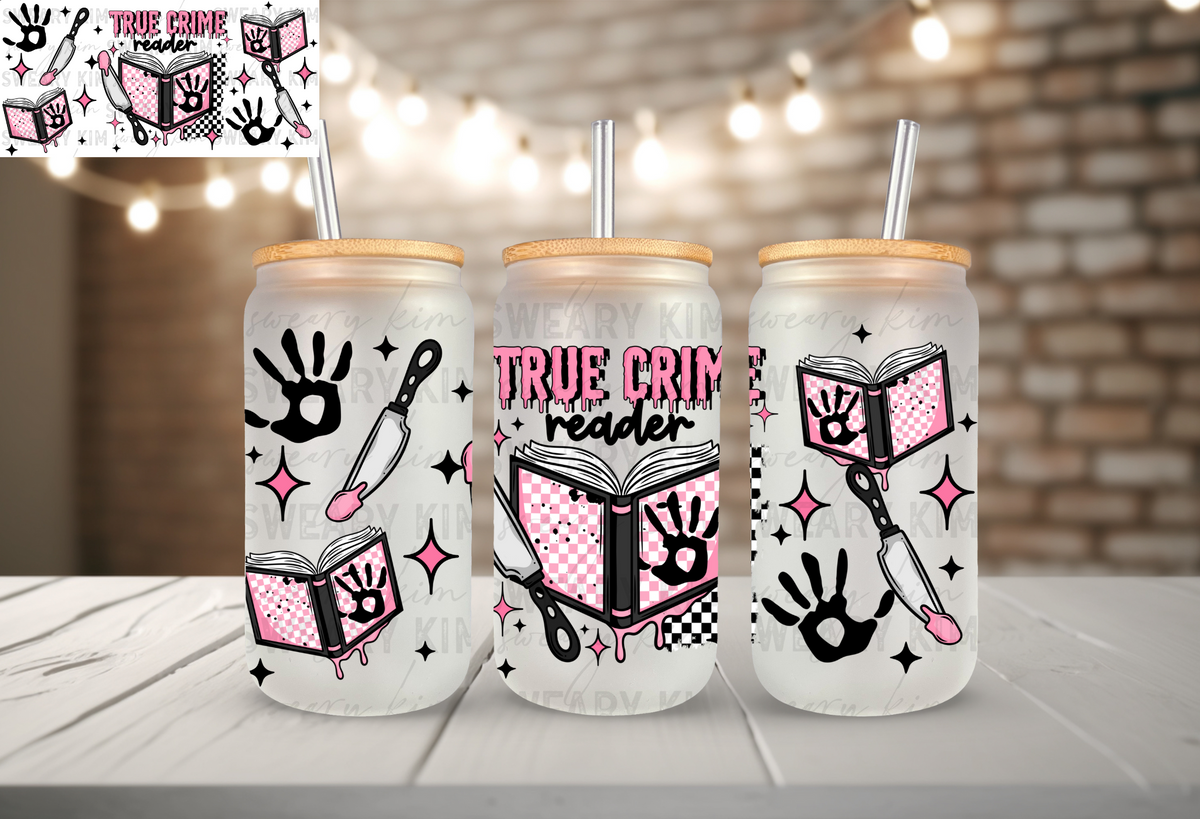 Pink True Crime Reader UV Dtf 16oz glass can wrap