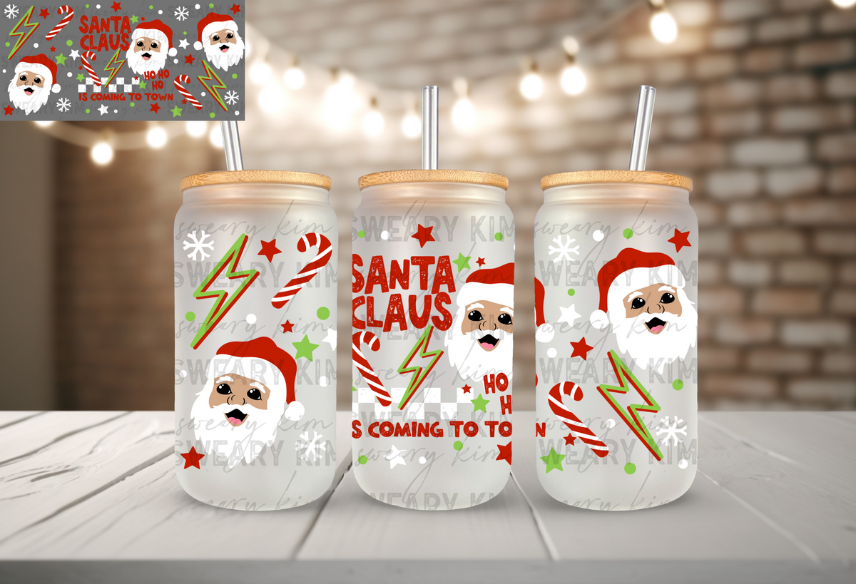 Vanilla Lightening Santa UV Dtf 16oz glass can wrap