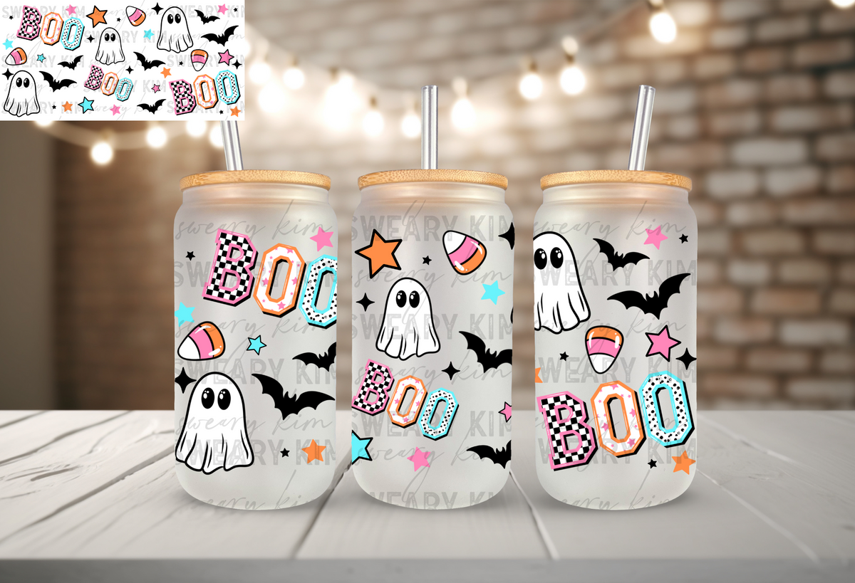 Varsity Patterned Boo's UV Dtf 16oz glass can wrap