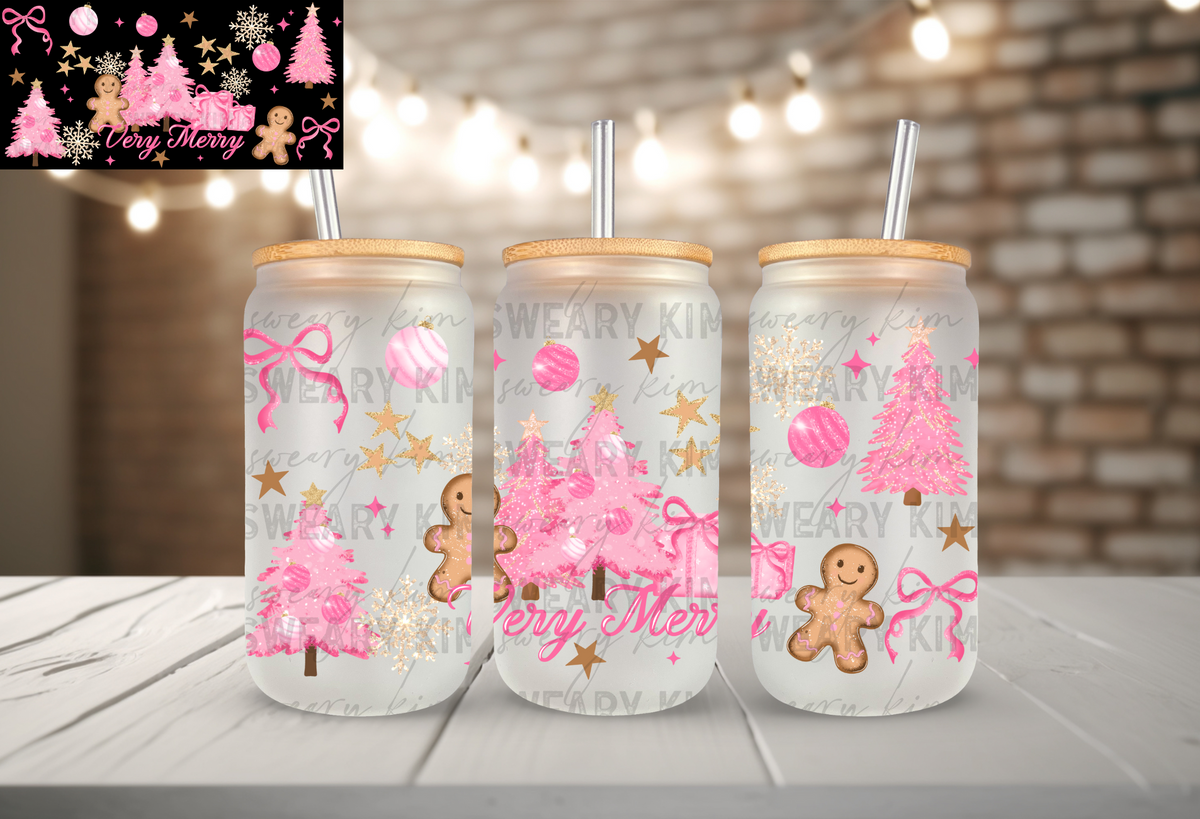 Pink Very Merry UV Dtf 16oz glass can wrap