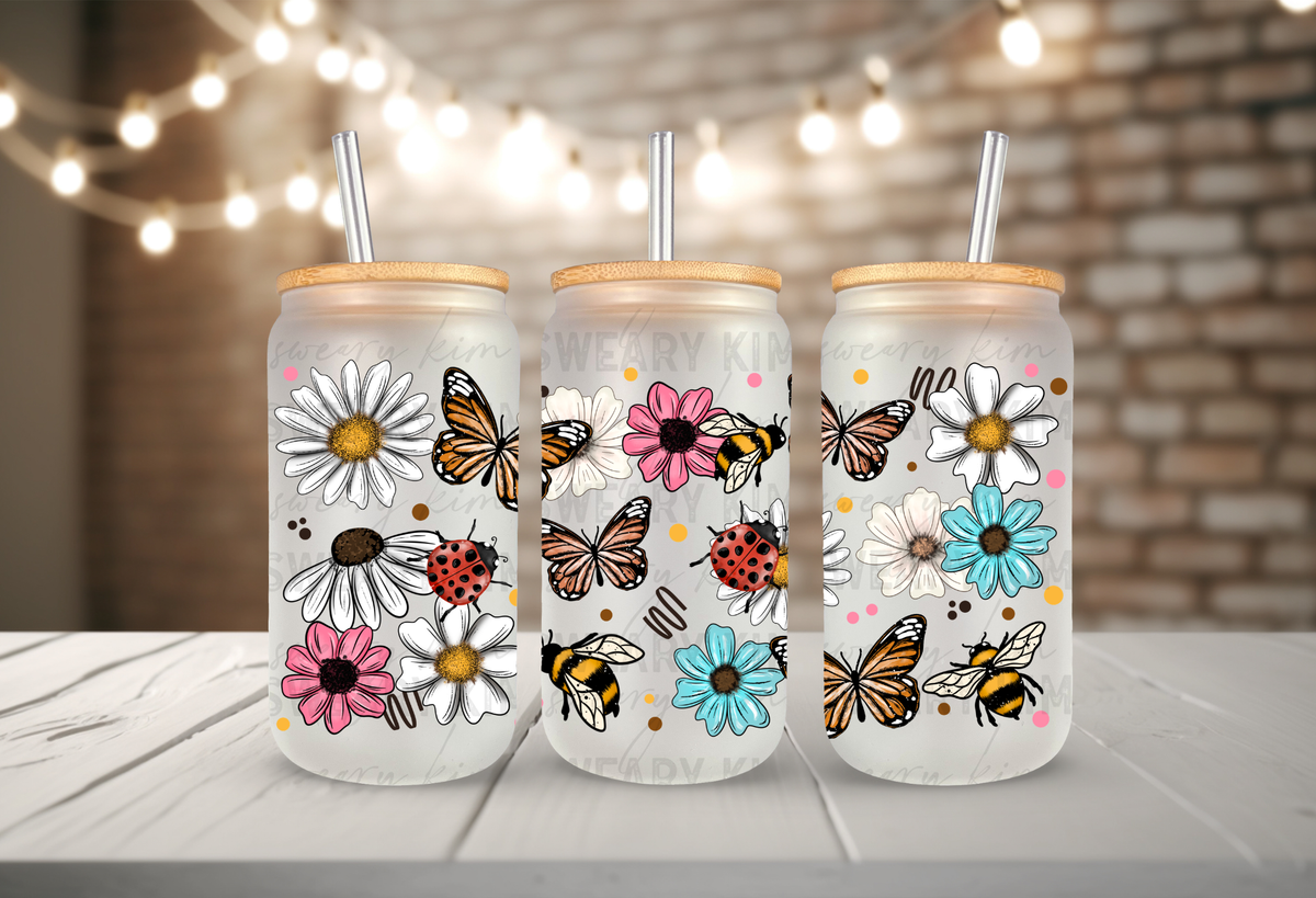 Bees Butterflies & Flowers UV Dtf 16oz glass can wrap