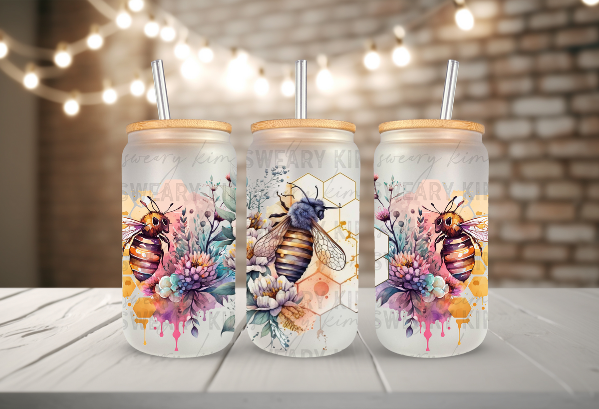 Watercolor Drippy Bees UV Dtf 16oz glass can wrap