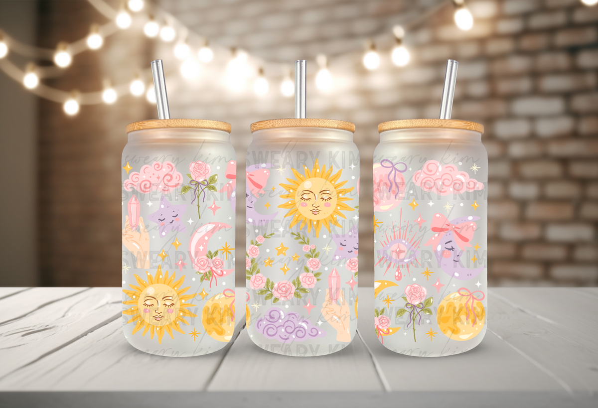 Whimsical Crystals, Moons, & Suns UV Dtf 16oz glass can wrap