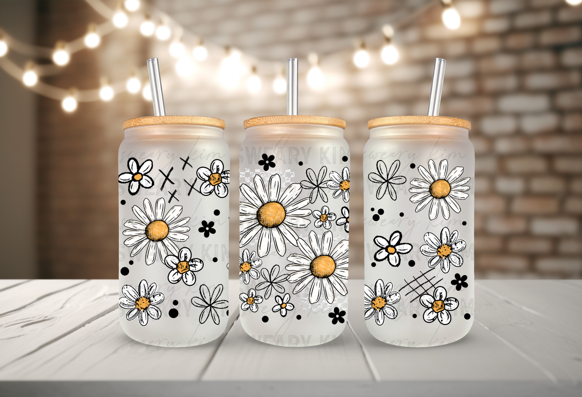 Daisy White Flower Sketches UV Dtf 16oz glass can wrap