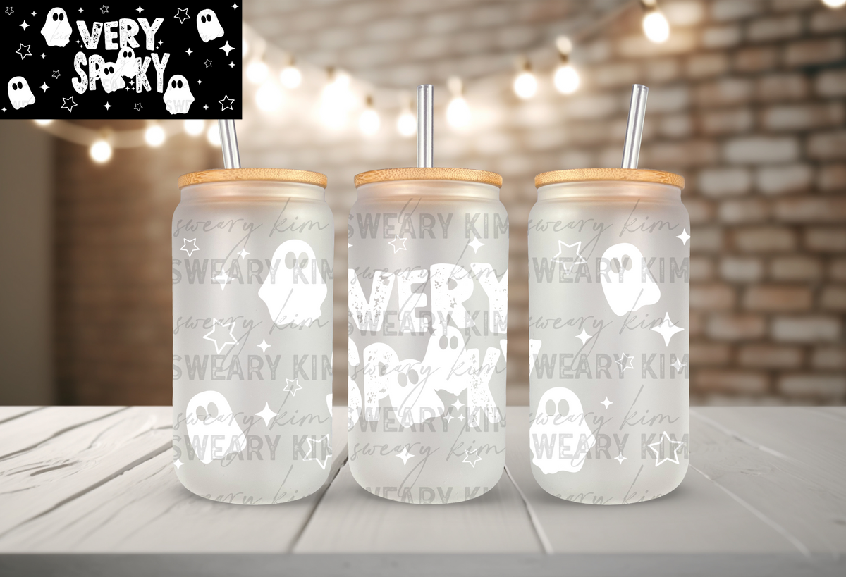 White Very Spooky UV Dtf 16oz glass can wrap