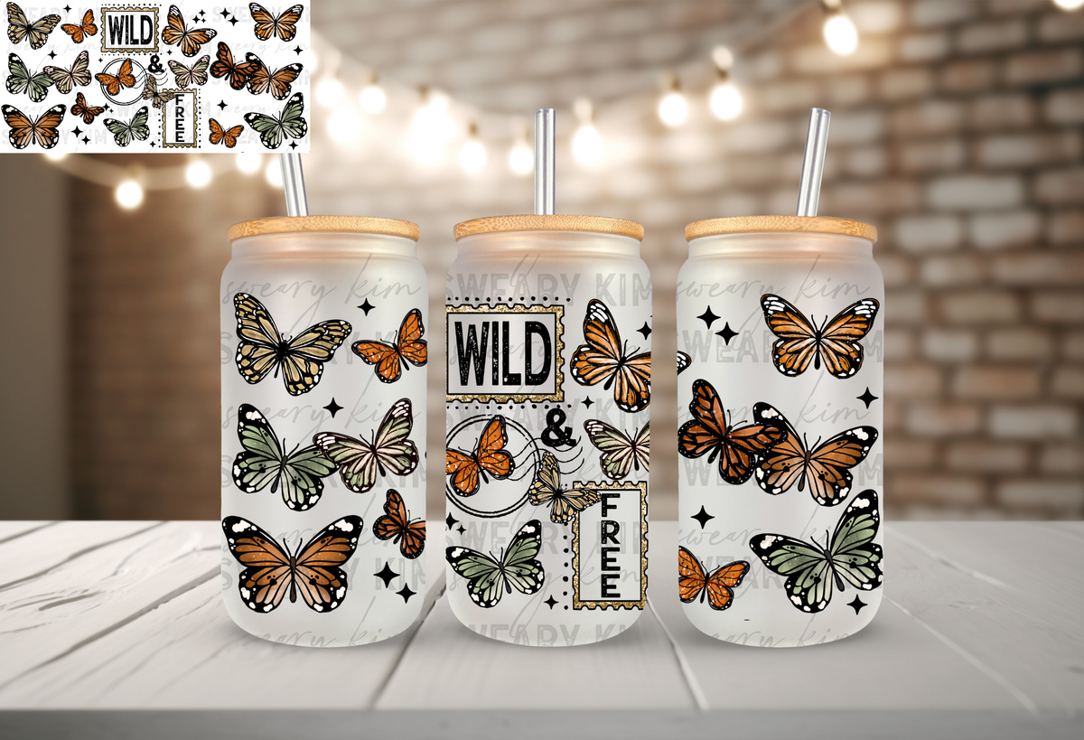 Wild & Free Butterflies UV Dtf 16oz glass can wrap