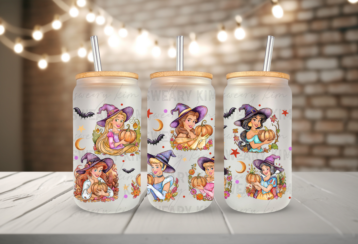 Witchy Princesses UV Dtf 16oz glass can wrap