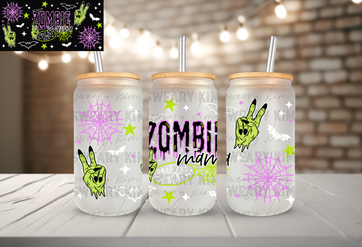 Zombie Mama UV Dtf 16oz glass can wrap